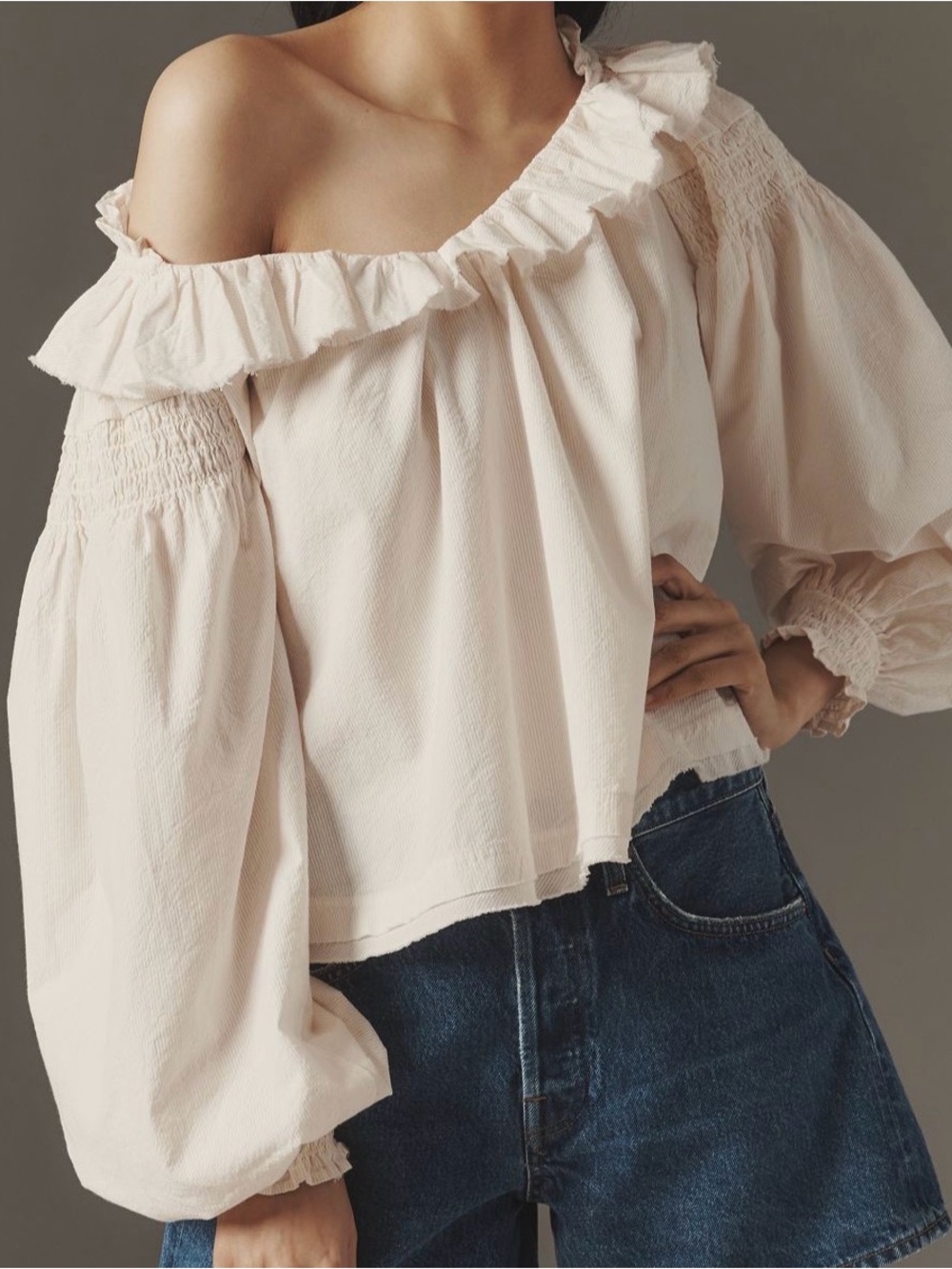Women's Off-Shoulder Ruffle Blouse in Light Blush